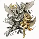 A biblical battle with multiple black angels fighting Demons. Make for a leg and thigh tattoo. Spread out the image but  tattoo design idea