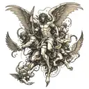 A biblical battle with multiple black angels fighting Demons. Make for a leg and thigh tattoo. Spread out the image but  tattoo design idea