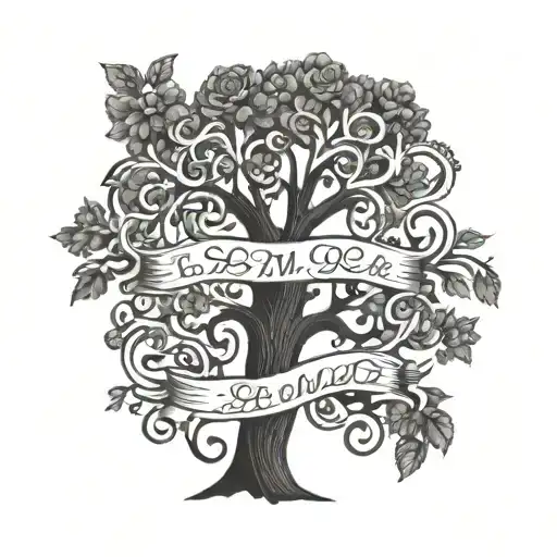 A family tree intertwined with the letters B, M, and A tattoo design idea