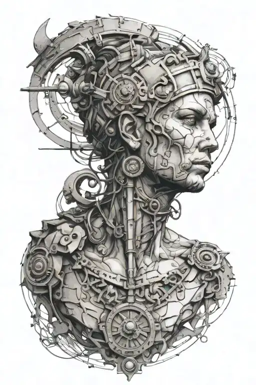 A full arm tattoo that combines industrial elements, stone art such as ancient Roman or Greek statues, and women tattoo design idea