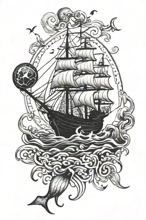 ship sailing and mermaid sowing way The design tattoo design idea
