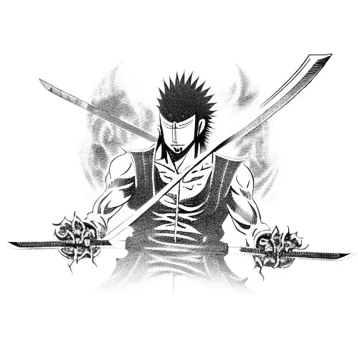 A fierce battle between Zaraki Kenpachi and Roronoa Zoro, with their swords clashing in mid-air tattoo design idea