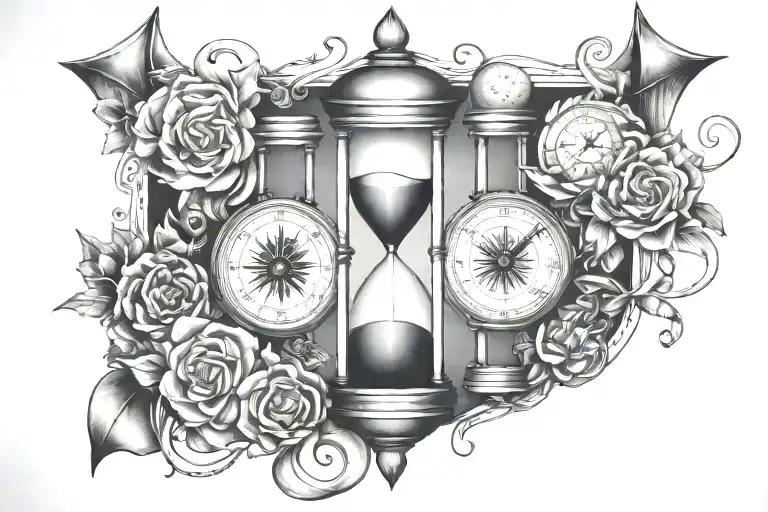 hourglass, compass, brain, phases of moon  tattoo design idea