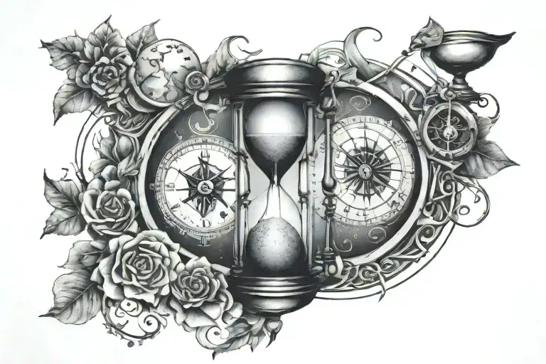 hourglass, compass, brain, phases of moon  tattoo design idea