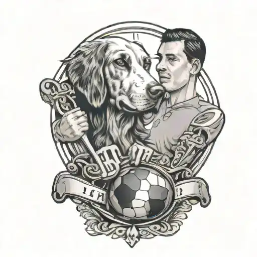 An insurance claim advisor holding a football trophy with a dog by their side tattoo design idea
