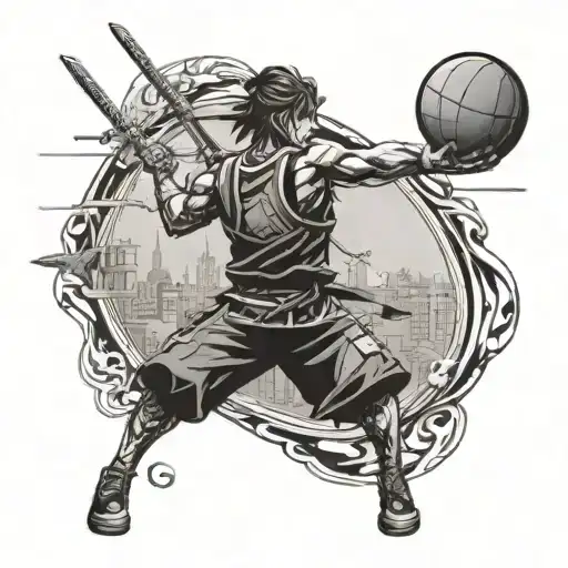Incorporate a basketball hoop into a traditional anime scene, like a samurai duel or magical girl transformation tattoo design idea