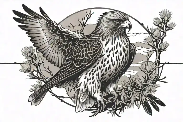 red tail hawk on a barbed wire fence with a sagebrush background  tattoo design idea