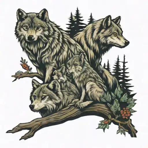 2 adult wolves 4 cubs in woods with an owl perched tattoo design idea