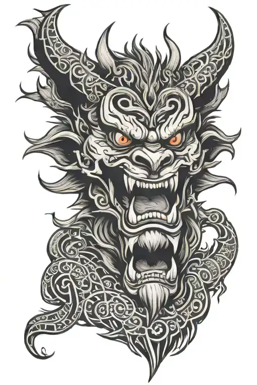 Oni demon head fusion with demon wolf with open mouth tribal design. Straight tribal line work no realism pure tribalism tattoo design idea