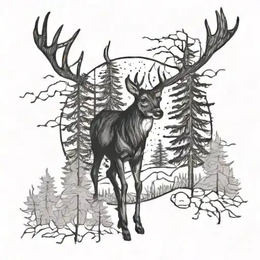 deer and forest in the background tattoo design idea