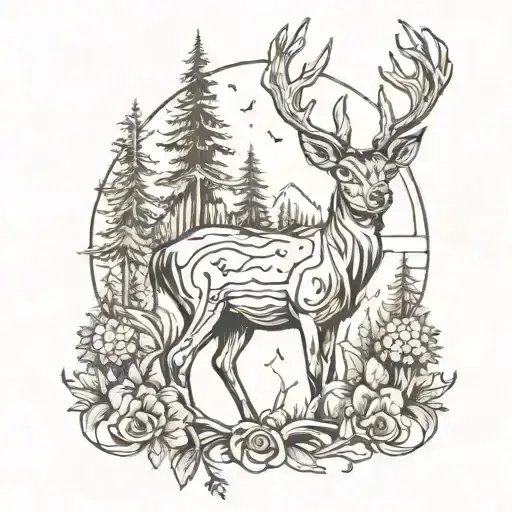 deer and forest in the background tattoo design idea