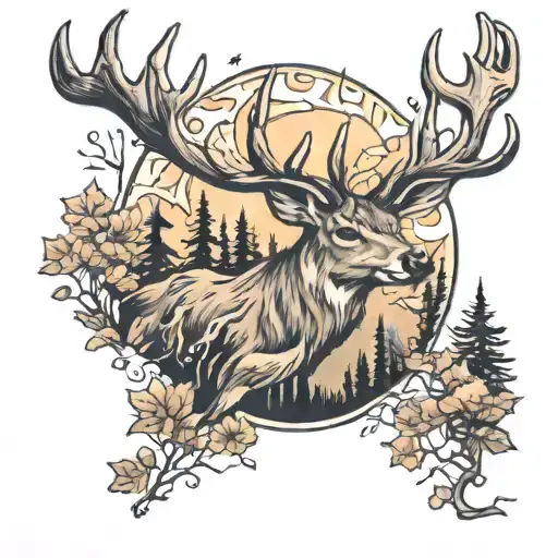 deer and forest tattoo design idea