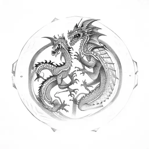 A dragon and knight locked in combat, surrounded by ancient Roman architecture tattoo design idea