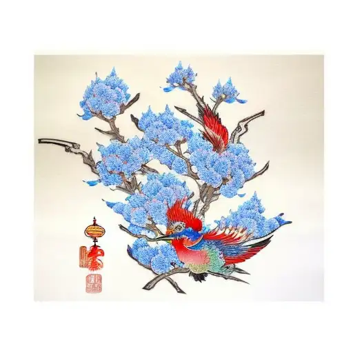 Blue Chinese-style flower (Giant Crape-Myrtle) and red bayan bird tattoo design idea