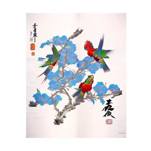 Blue Chinese-style Giant Crape-Myrtle flower and red parakeet bird tattoo design idea