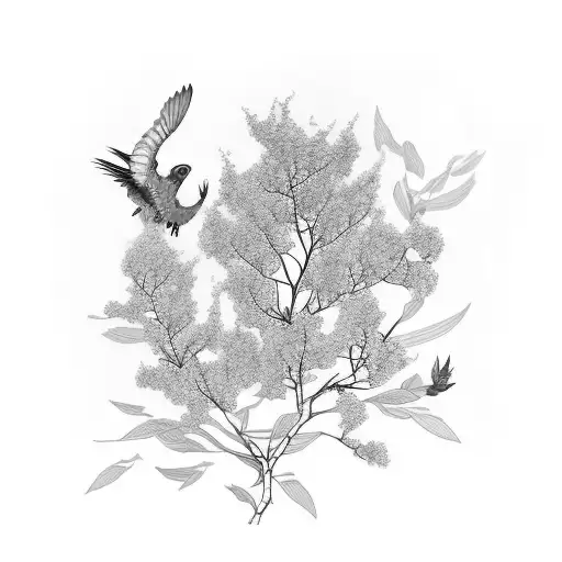 Blue Chinese-style Giant Crape-Myrtle flower and red parakeet bird tattoo design idea