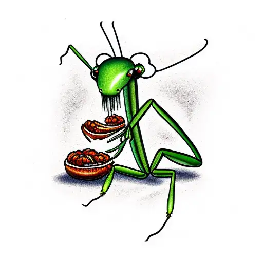 praying mantis eating spaghetti and meatballs tattoo design idea