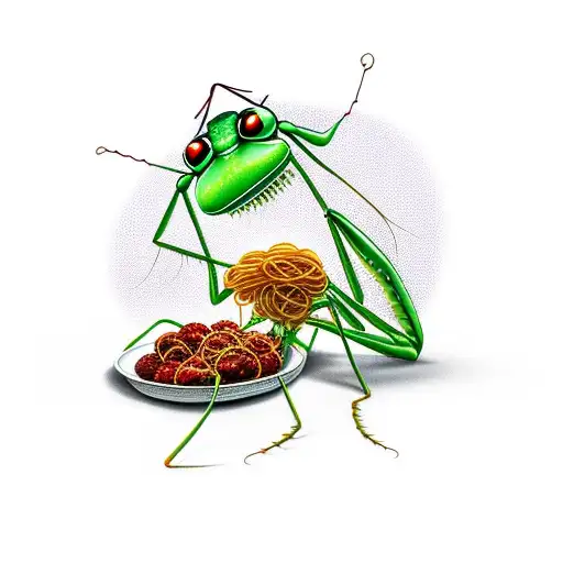 praying mantis eating spaghetti and meatballs tattoo design idea