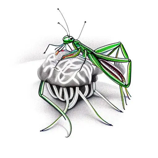 praying mantis eating spaghetti and meatballs tattoo design idea
