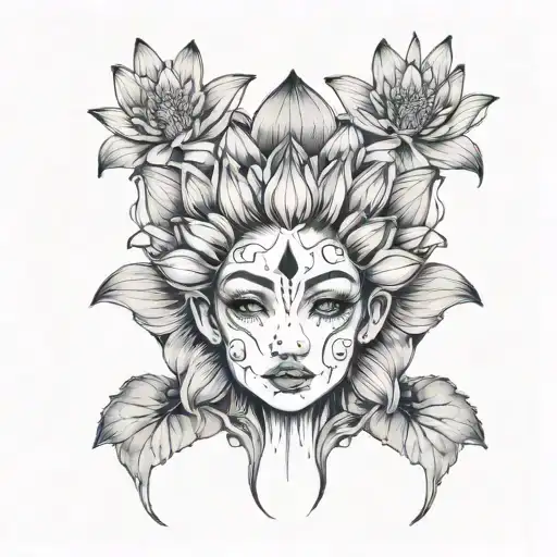 lotus flower, daisy, women's face tattoo design idea
