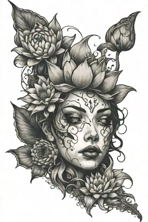 lotus flower, daisy, women's face tattoo design idea