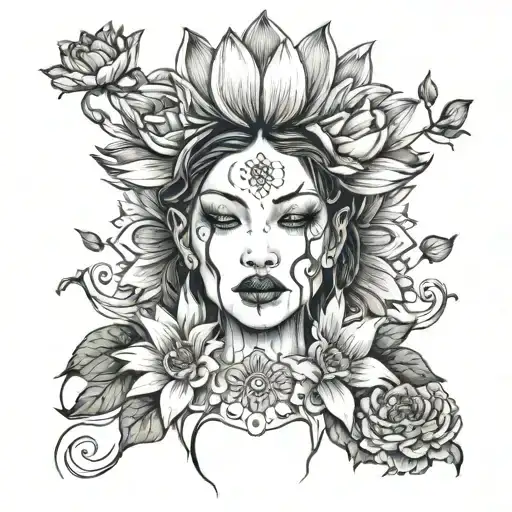 lotus flower, daisy, women's face tattoo design idea