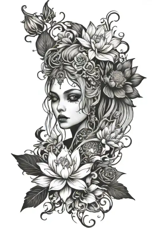 lotus flower, daisy, women's face tattoo design idea