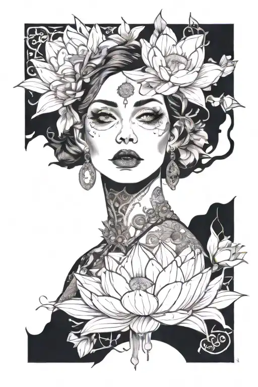 lotus, daisy, woman's face tattoo design idea