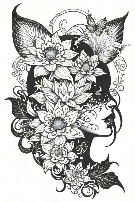 lotus flower, daisy, women's face tattoo design idea