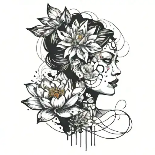 lotus flower, daisy, women's face tattoo design idea