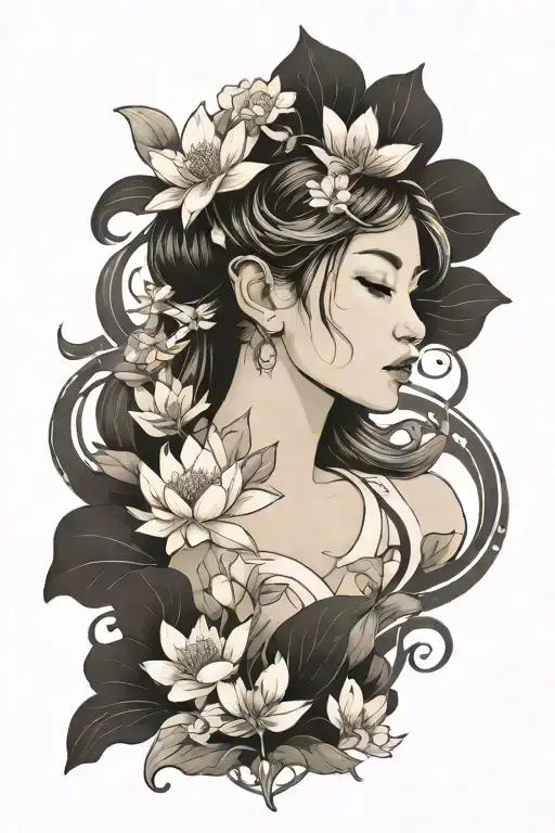 lotus, daisy, woman's face tattoo design idea