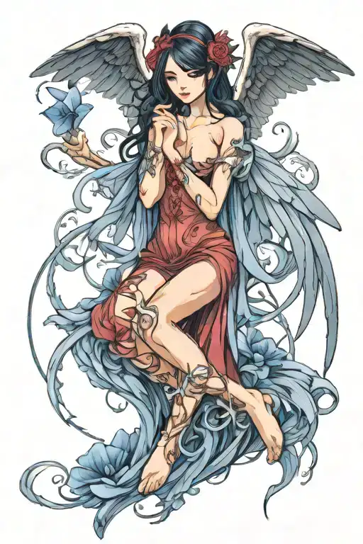 feminine fallen angel morning glory tattoo design idea