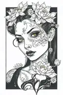 lotus, daisy, woman's face tattoo design idea