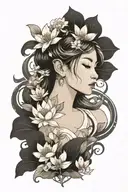 lotus, daisy, woman's face tattoo design idea
