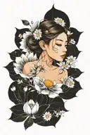 lotus, daisy, woman's face tattoo design idea