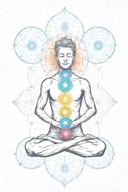 A minimalist and Fine Line tattoo with the seven chakras surrounding the silhouette of a perdon meditating  tattoo design idea