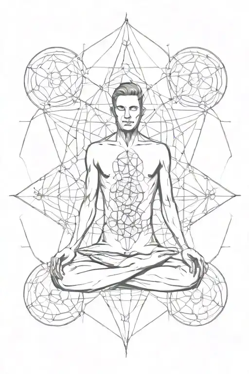 A minimalist and Fine Line tattoo with a seven chakras surrounding a man meditating  tattoo design idea