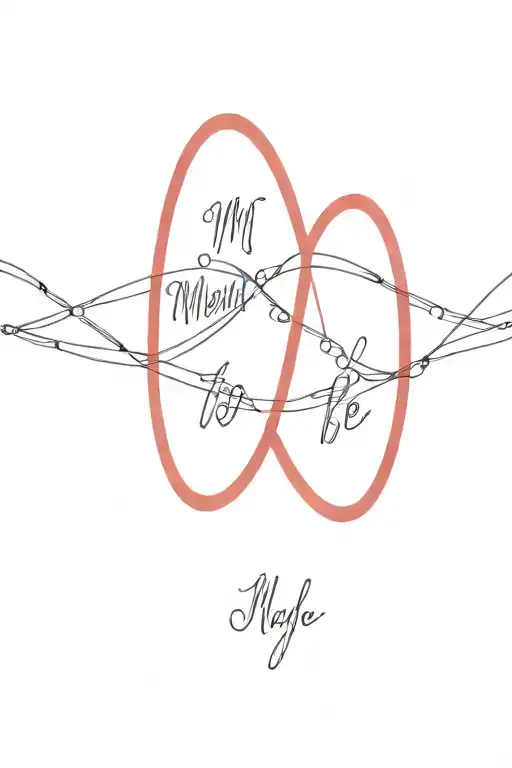 A fine line and dotted design of two intertwined red strings with the quote 'meant to be' in cursive  tattoo design idea