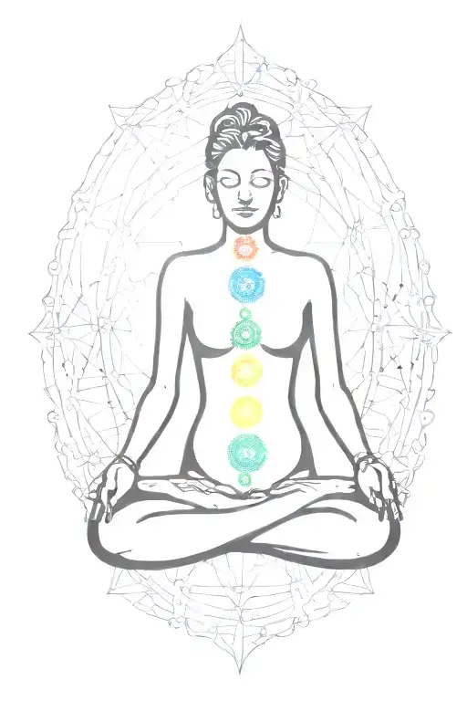 A minimalist and Fine Line tattoo with the seven chakras surrounding the silhouette of a person meditating  tattoo design idea