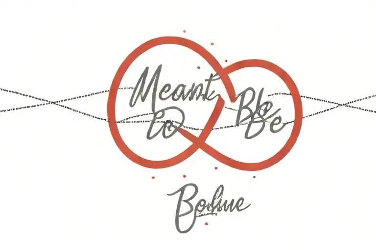 A fine line and dotted design of two intertwined red strings with the quote 'meant to be' in cursive  tattoo design idea