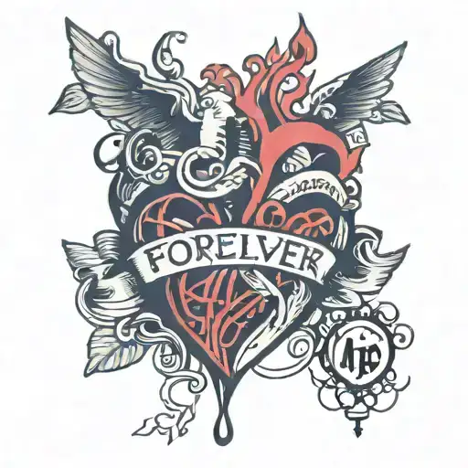 A whimsical new-school design of a heart-shaped Akai Ito with the words 'forever love' intertwined within tattoo design idea