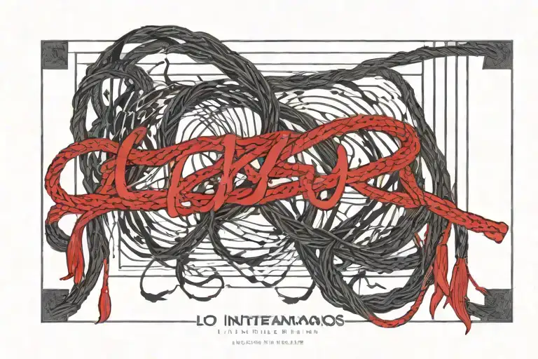 A pattern of red strings resembling the Akai Ito legend with the quote 'lo intentamos' no back ground  tattoo design idea