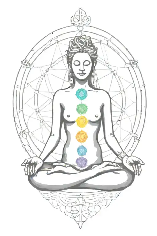A minimalist and Fine Line tattoo with the seven chakras surrounding the silhouette of a perdon meditating  tattoo design idea