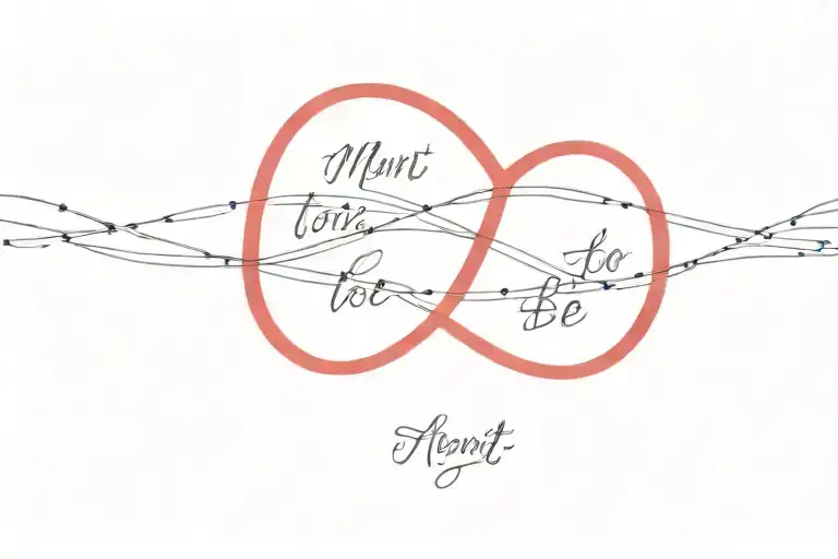 A fine line and dotted design of two intertwined red strings with the quote 'meant to be' in cursive  tattoo design idea