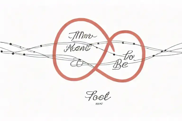 A minimalist dotted design of two intertwined red strings with the quote 'meant to be' in cursive  tattoo design idea