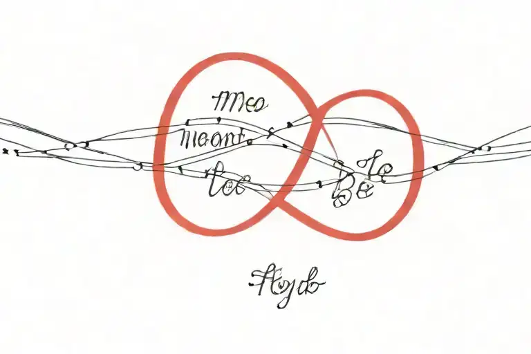 A minimalist dotted design of two intertwined red strings with the quote 'meant to be' tattoo design idea