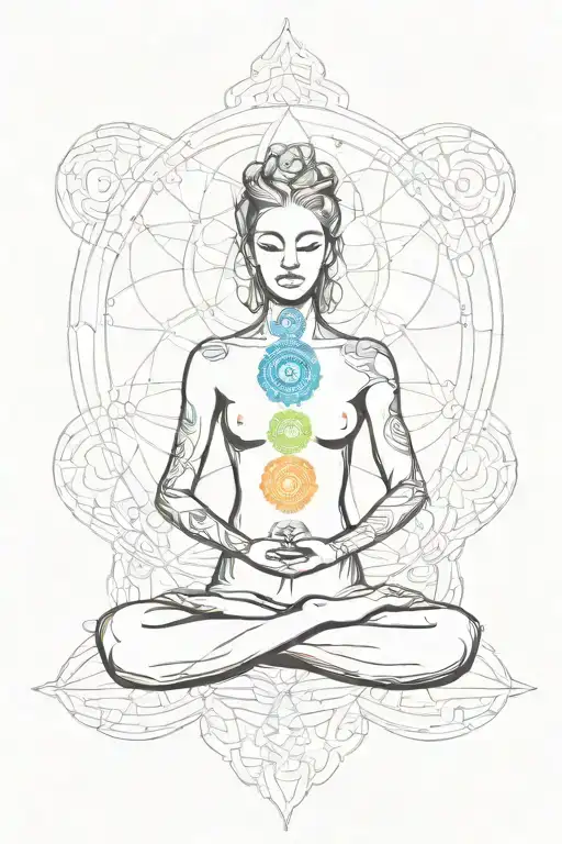 A minimalist and Fine Line tattoo with the seven chakras surrounding the silhouette of a perdon meditating  tattoo design idea