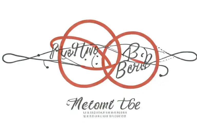 A fine line and dotted design of two intertwined red strings with the quote 'meant to be' in cursive  tattoo design idea