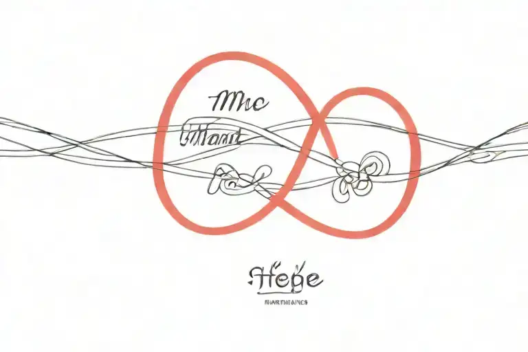 A fine line and dotted design of two intertwined red strings with the quote 'meant to be' in cursive  tattoo design idea