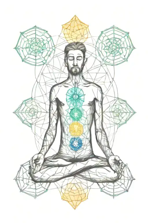 A minimalist and Fine Line tattoo with a seven chakras surrounding the silhouette of a man meditating  tattoo design idea